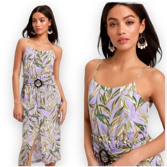 J.O.A. Just One Answer Raya Lavender Floral Midi Belted Dress Women’s Sz X-Small - Picture 2 of 15